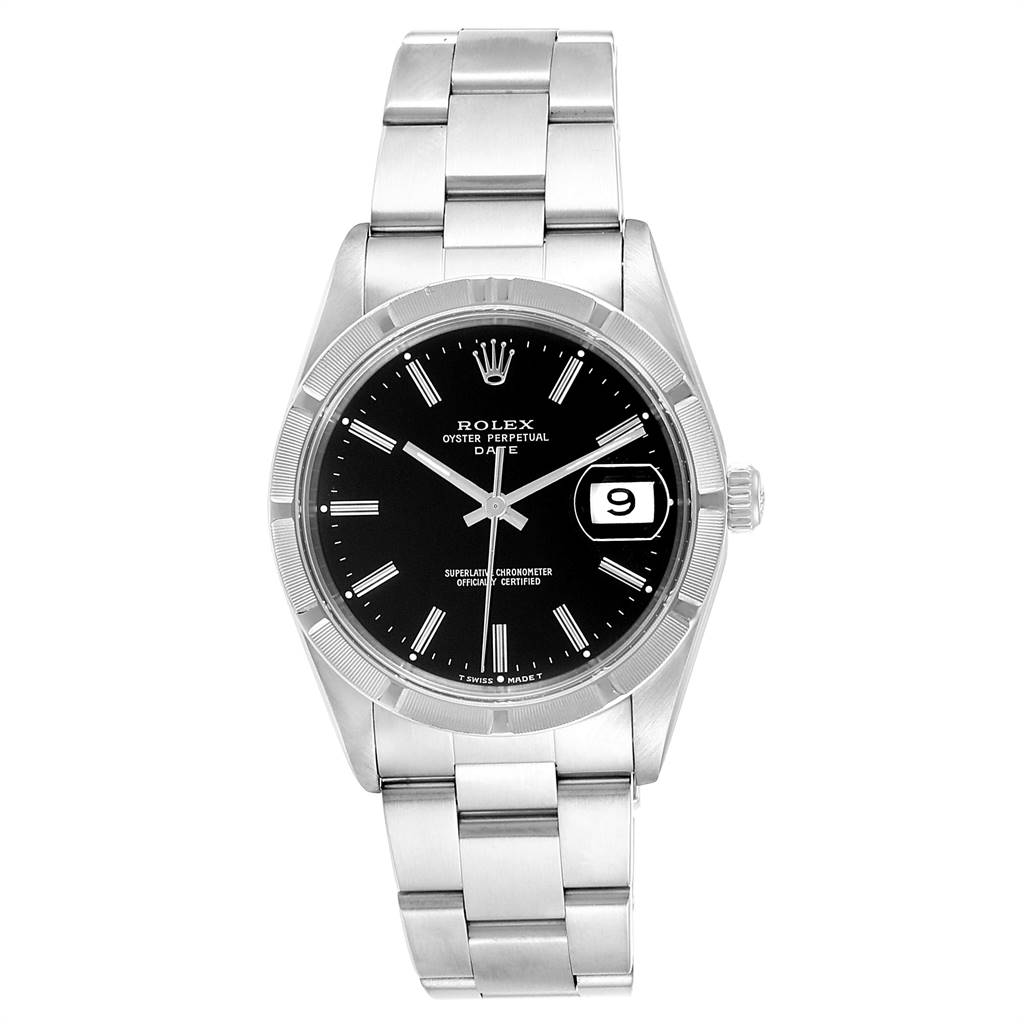 The image shows a front view of a Rolex Date 15210 Men's Stainless Steel Black Dial 15210 Men's Stainless Steel Black Dial model watch, displaying the dial, bracelet, bezel, and date window.