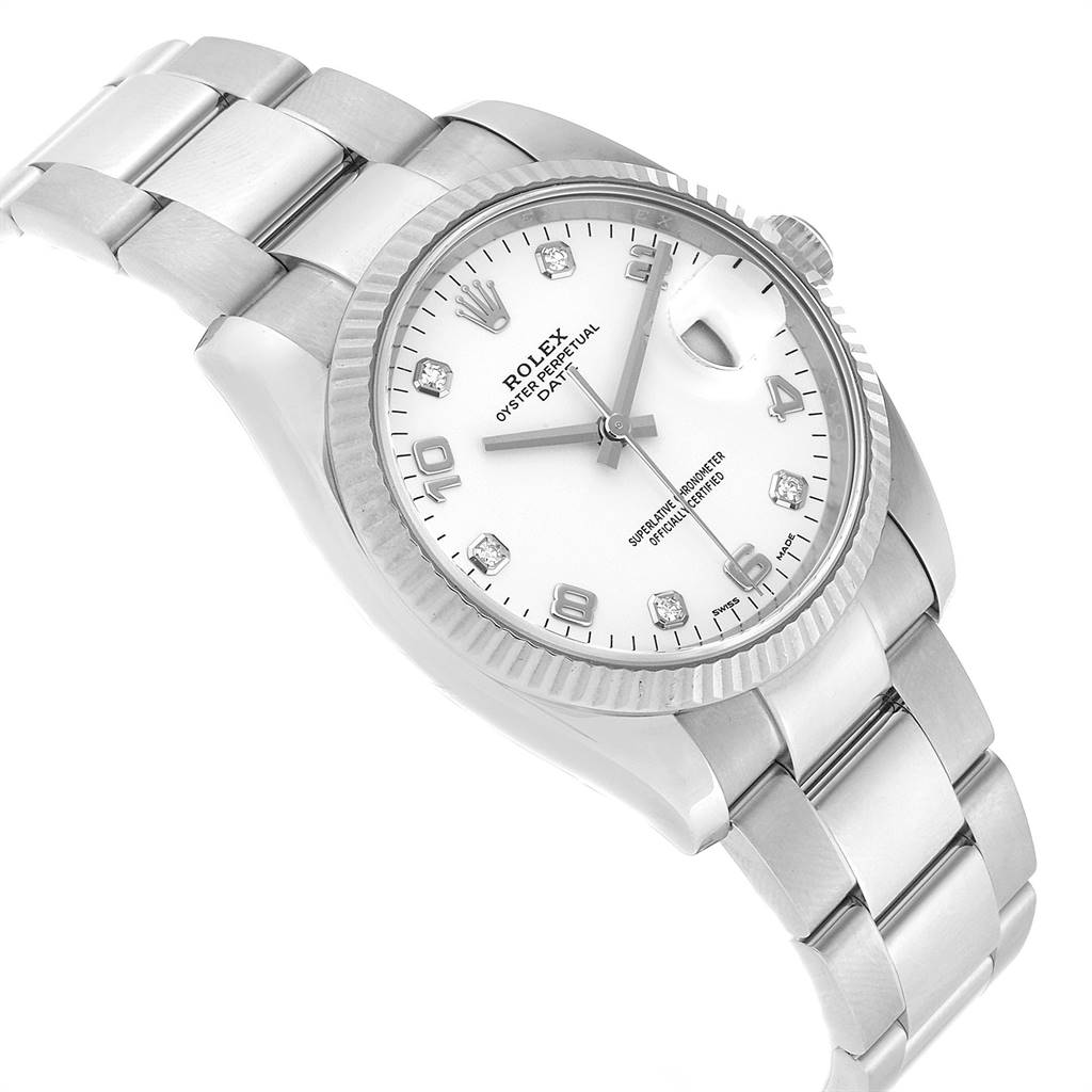 The image shows a Rolex Date 115234 Men's Stainless Steel White Dial 115234 Men's Stainless Steel White Dial model watch at a slightly tilted angle, highlighting its dial, bracelet, and crown.