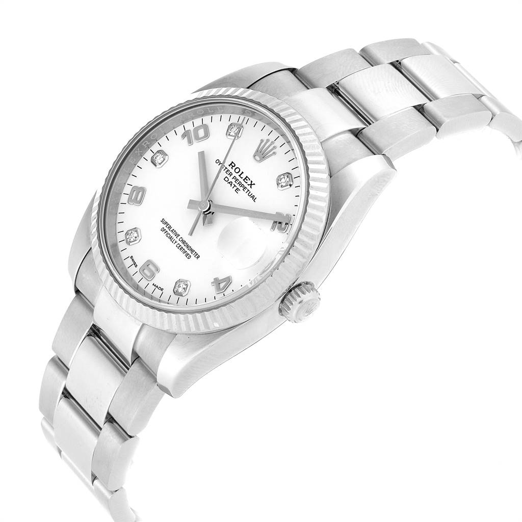 This Rolex Date 115234 Men's Stainless Steel White Dial 115234 Men's Stainless Steel White Dial model watch is shown at an angled view, displaying its dial, bracelet, crown, and case.