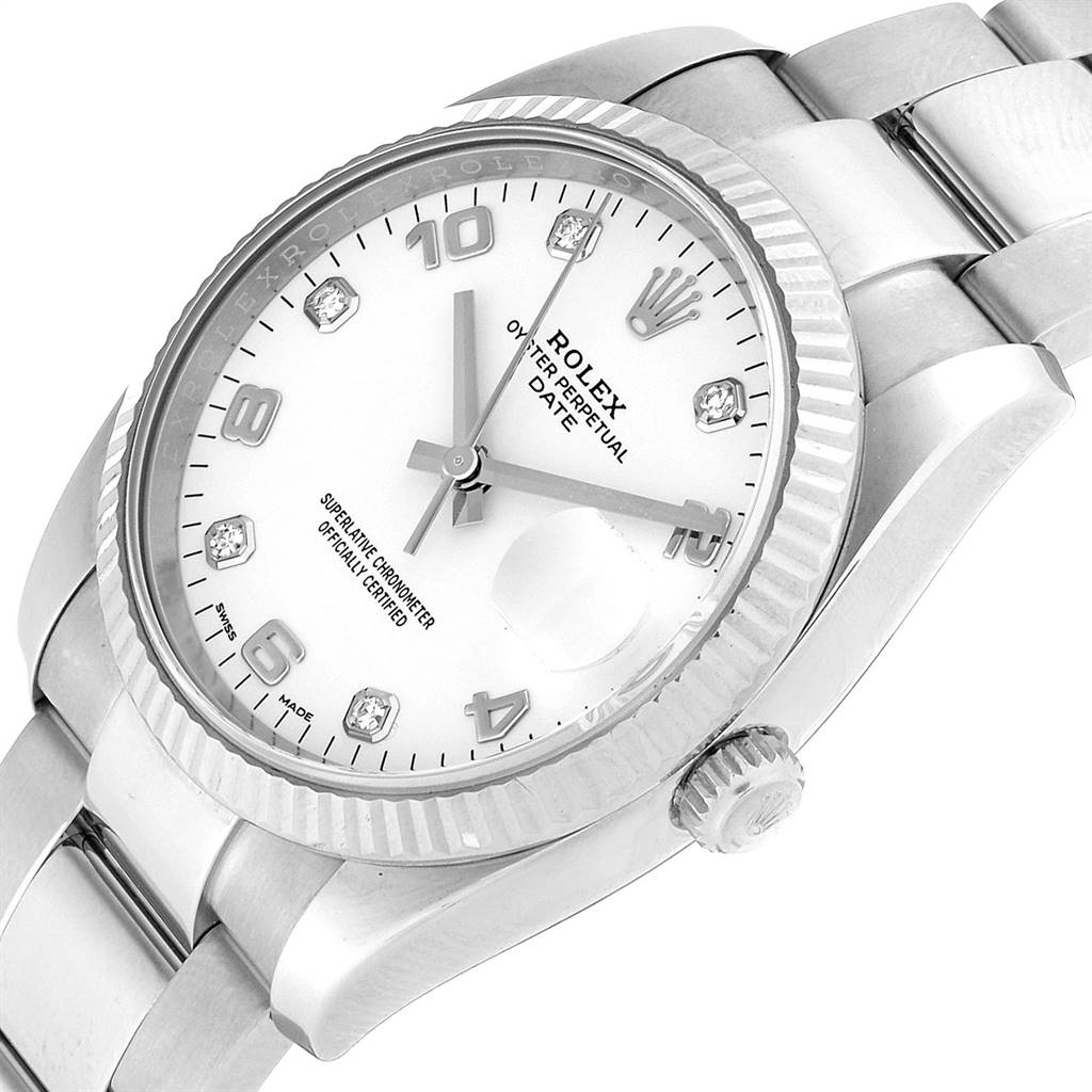 The image shows a close-up of the Rolex Date 115234 Men's Stainless Steel White Dial 115234 Men's Stainless Steel White Dial model watch, displaying its dial, bezel, crown, and part of the bracelet.