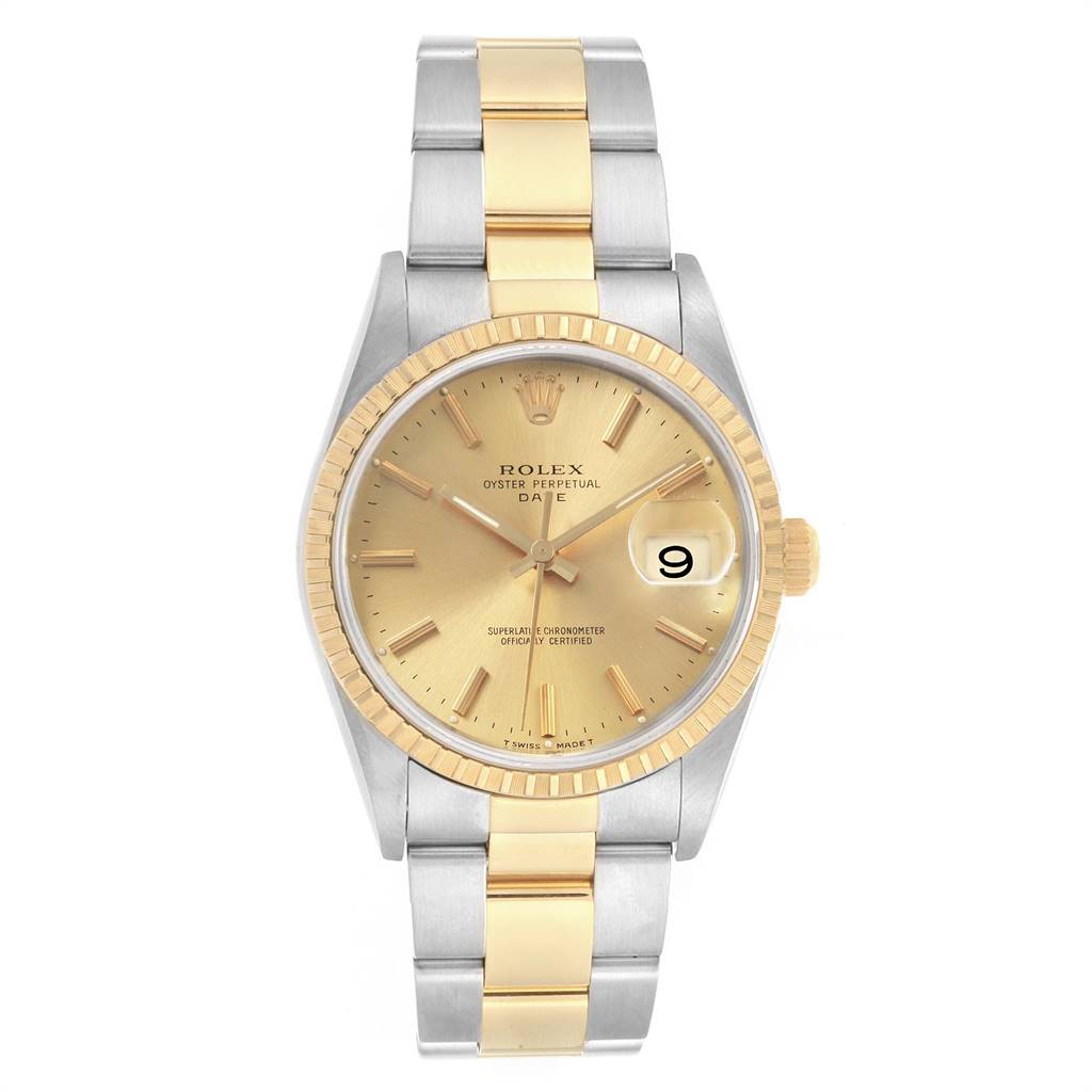 The image shows a Rolex Date 15223 Men's Steel and Gold (two tone) Champagne Dial 15223 Men's Steel and Gold (two tone) Champagne Dial model watch from a front angle, displaying its dial, bezel, crown, and bracelet.