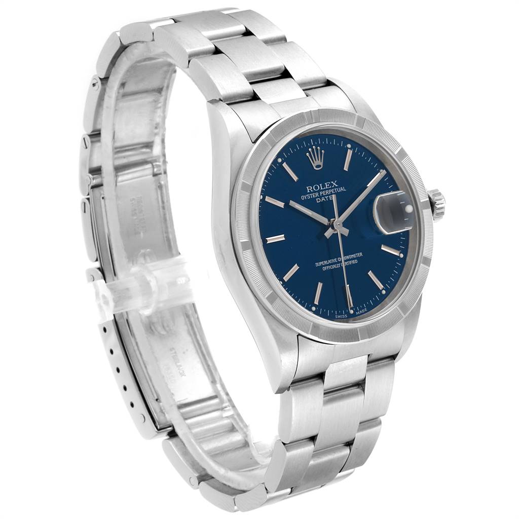 The image shows a Rolex Oyster Perpetual Date watch at a three-quarter angle, highlighting the bracelet, case, bezel, and watch face.