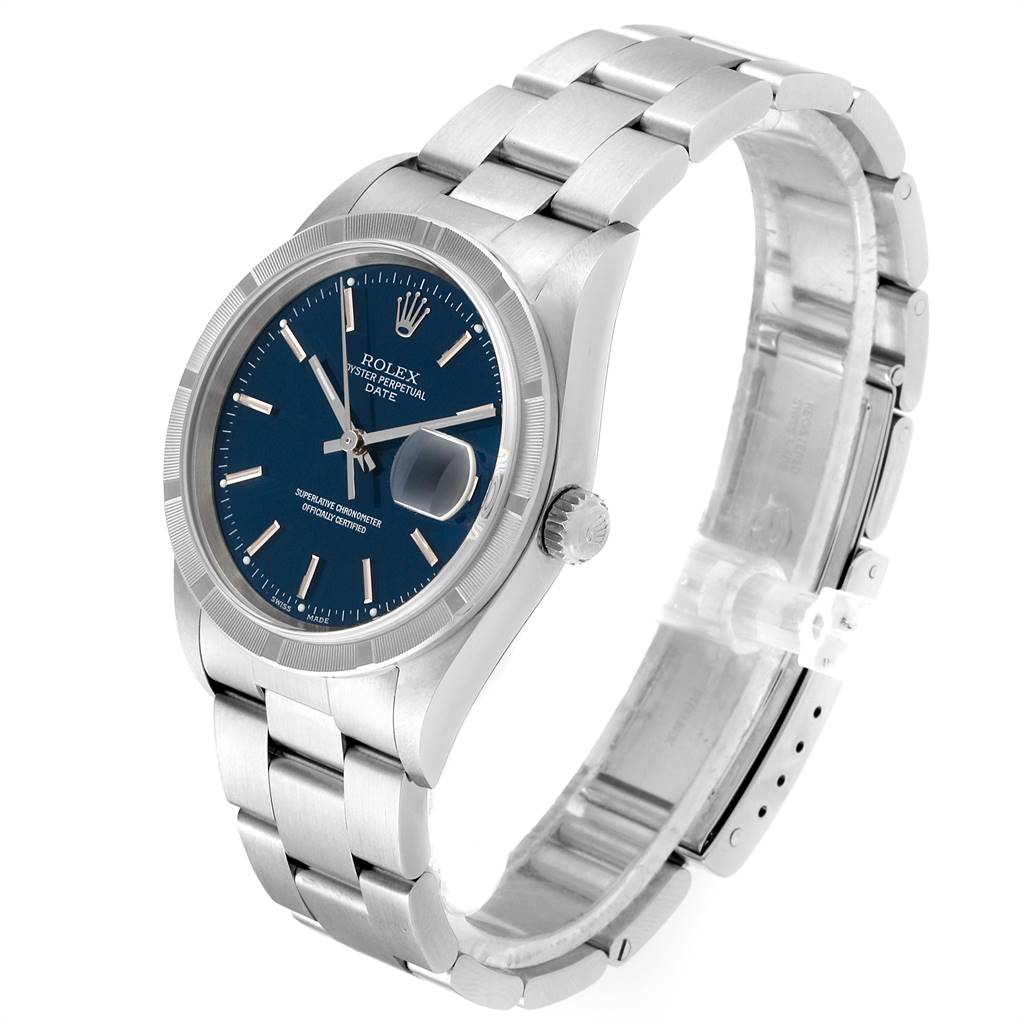 The image shows a Rolex Date 15210 Men's Stainless Steel Blue Dial 15210 Men's Stainless Steel Blue Dial watch featuring its blue dial, stainless steel case, and bracelet at a three-quarter angled view.