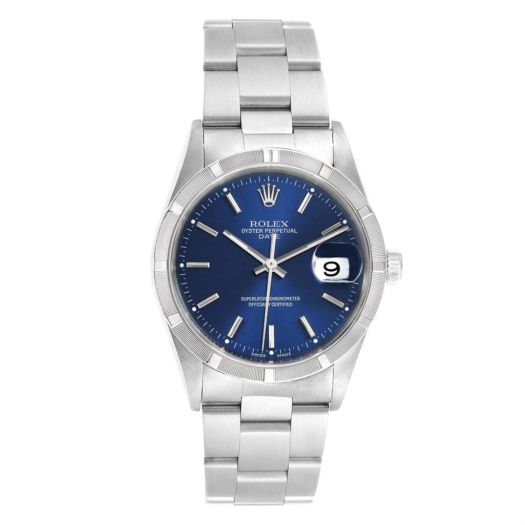 This Rolex Date 15210 Men's Stainless Steel Blue Dial 15210 Men's Stainless Steel Blue Dial model watch is shown from the front, displaying its dial, case, bezel, and bracelet.