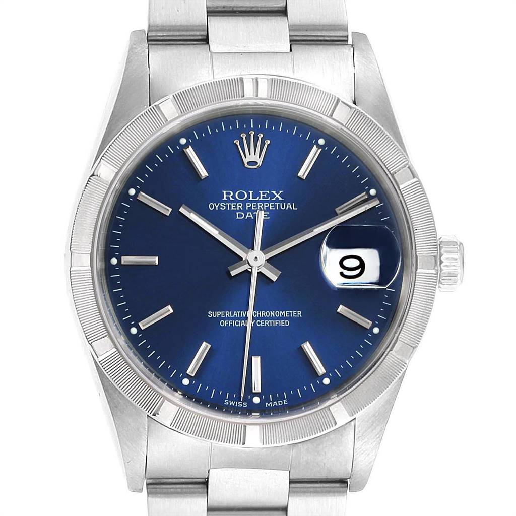 This is a front view of a Rolex Date 15210 Men's Stainless Steel Blue Dial 15210 Men's Stainless Steel Blue Dial model watch, showcasing its blue dial, date display, and stainless steel bracelet.