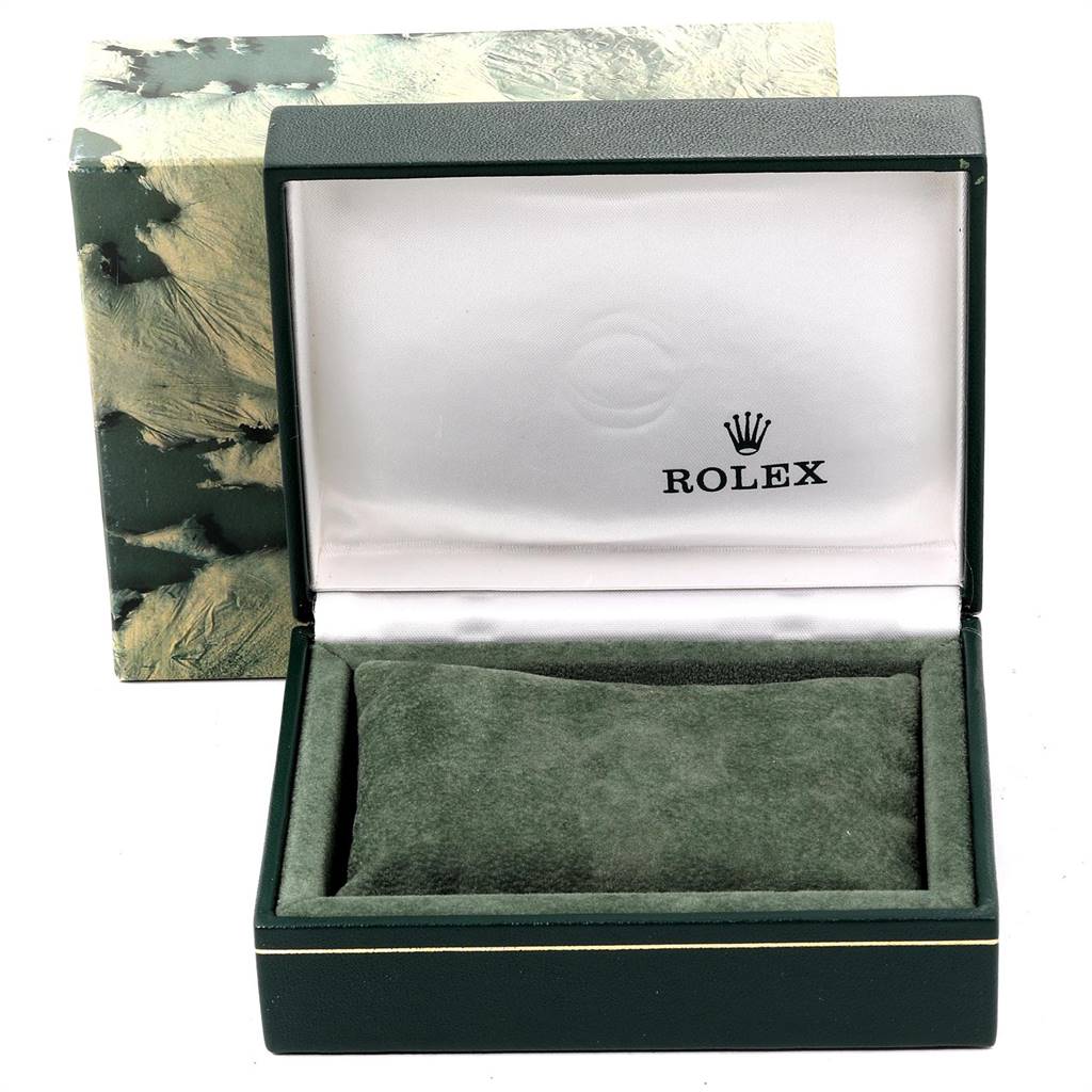 The image shows an open, empty Rolex 15223 Men's Steel and Gold (two tone) White Dial 15223 Men's Steel and Gold (two tone) White Dial watch box, with the lid revealing the brand logo.