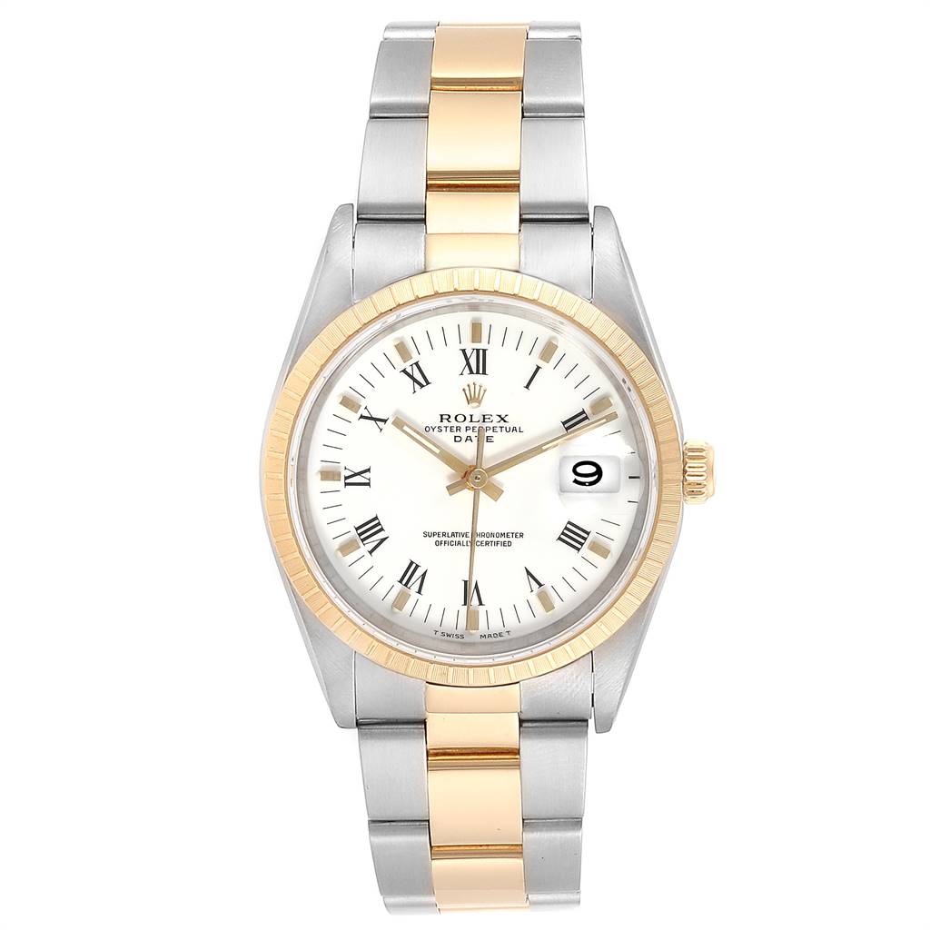 This image shows a Rolex 15223 Men's Steel and Gold (two tone) White Dial 15223 Men's Steel and Gold (two tone) White Dial Date Men's Steel 18k Yellow Gold White Dial Men's Watch 15223 model from a front view, highlighting its dial and bracelet.
