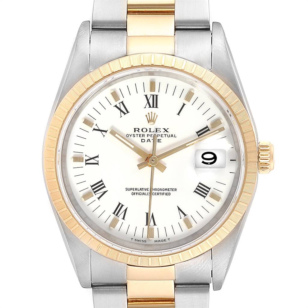The image shows a frontal view of the Rolex 15223 Men's Steel and Gold (two tone) White Dial 15223 Men's Steel and Gold (two tone) White Dial Date Mens Steel 18k Yellow Gold White Dial Mens Watch 15223, displaying its dial, bezel, and part of the bracelet.