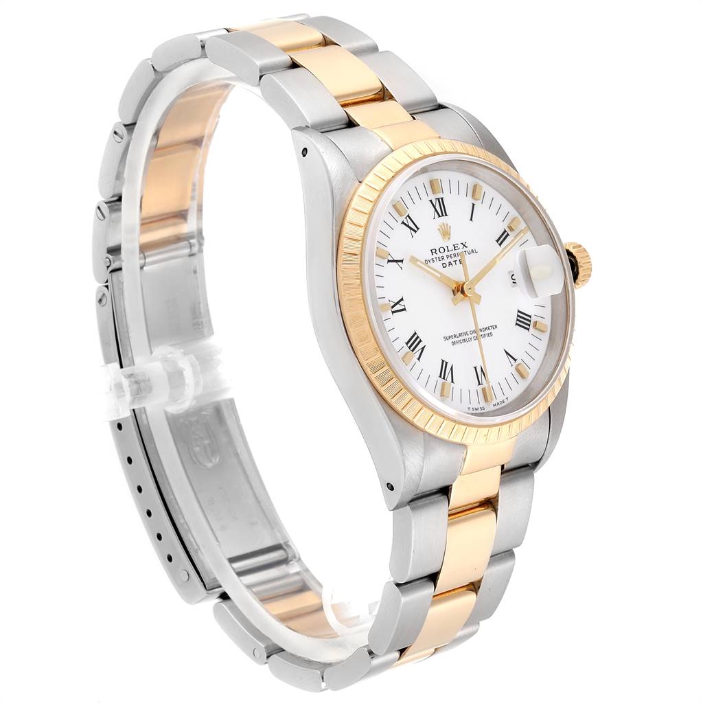The image shows a Rolex 15223 Men's Steel and Gold (two tone) White Dial 15223 Men's Steel and Gold (two tone) White Dial Date Men's Steel 18k Yellow Gold White Dial 15223 model watch at a side angle, displaying the band, dial, and bezel.