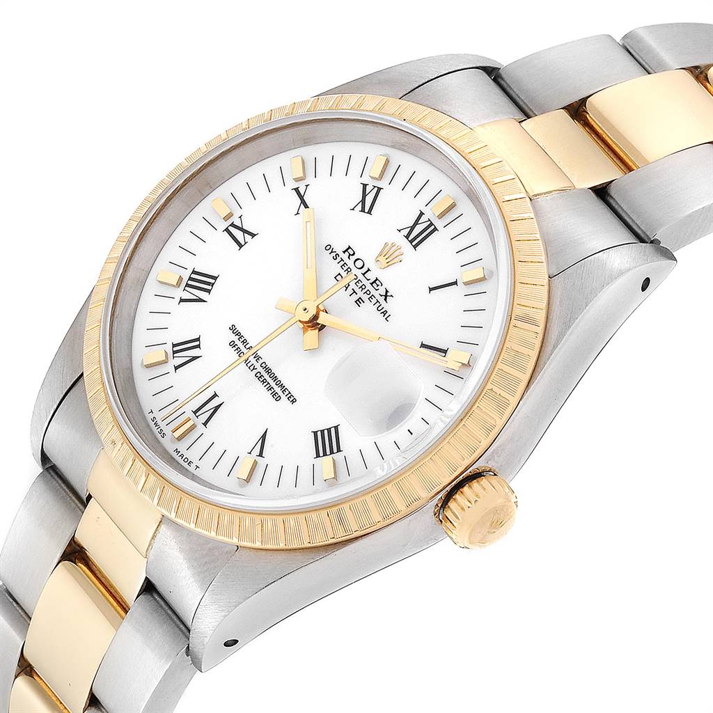 The image shows a close-up angled view of the Rolex 15223 Men's Steel and Gold (two tone) White Dial 15223 Men's Steel and Gold (two tone) White Dial Date Men's Steel 18k Yellow Gold White Dial Men's Watch 15223.