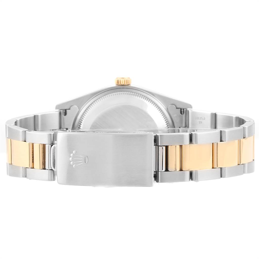 This image shows the back of the Rolex Date 15223 Men's Steel and Gold (two tone) Blue Dial 15223 Men's Steel and Gold (two tone) Blue Dial watch, highlighting its two-tone bracelet and clasp.