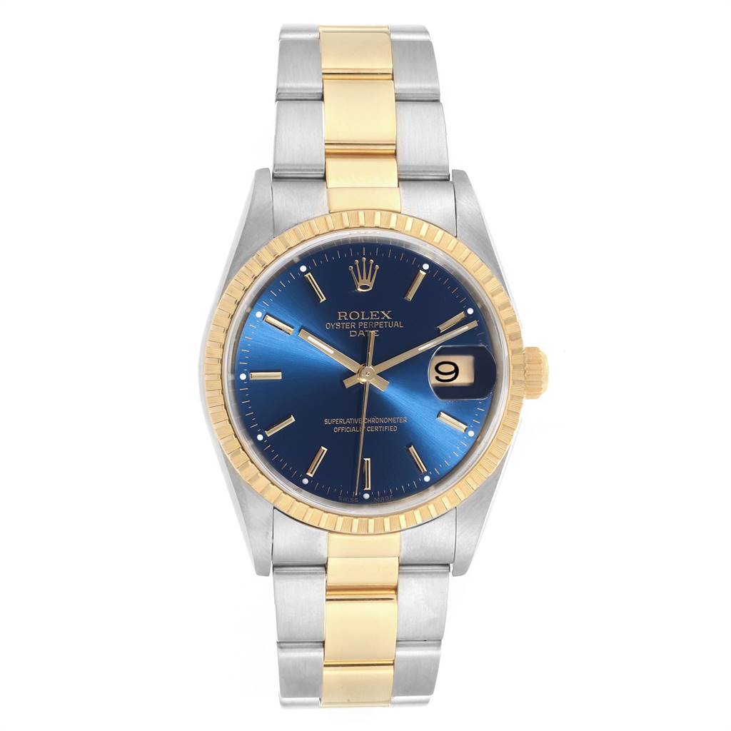 The image shows a Rolex Date 15223 Men's Steel and Gold (two tone) Blue Dial 15223 Men's Steel and Gold (two tone) Blue Dial watch from a front view, highlighting its blue dial, gold and silver bracelet, and date window.