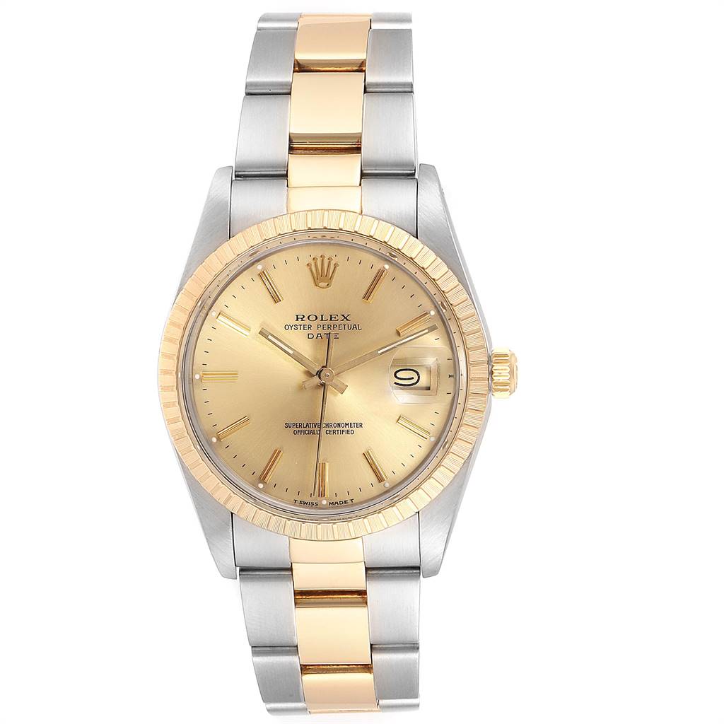 The image shows a front view of a Rolex Date 15053 Men's Steel and Gold (two tone) Champagne Dial 15053 Men's Steel and Gold (two tone) Champagne Dial model watch with a gold and stainless steel band.