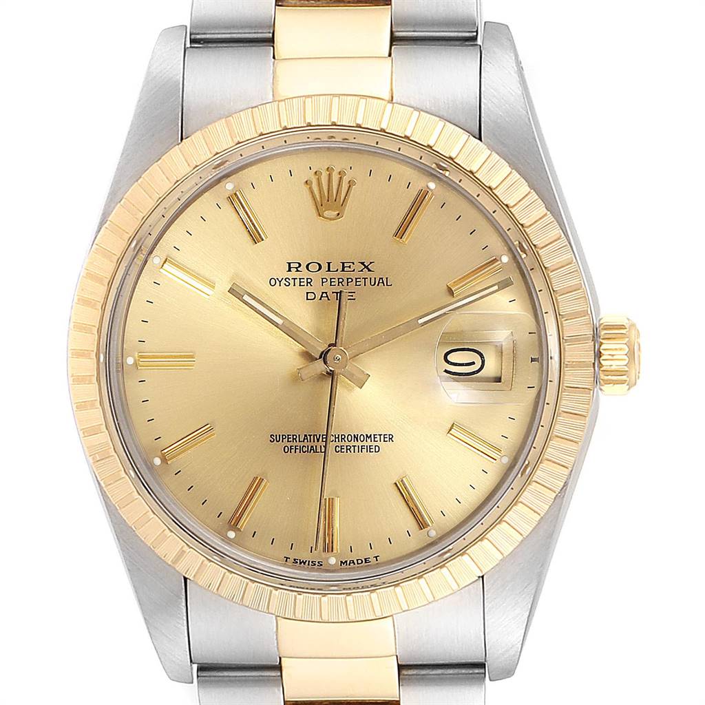 The image shows a front view of a Rolex Oyster Perpetual Date watch, highlighting the dial, bezel, and bracelet.