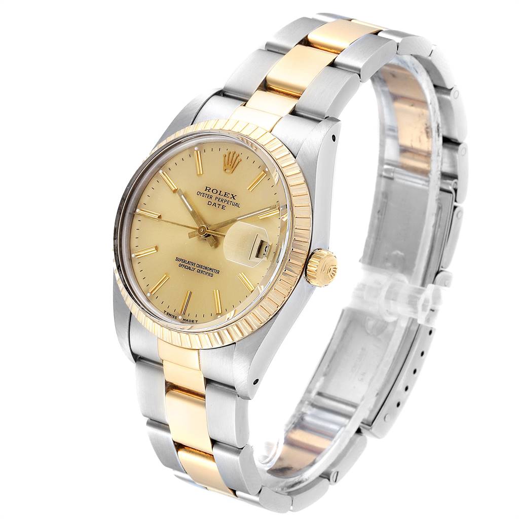 The image shows a Rolex Date 15053 Men's Steel and Gold (two tone) Champagne Dial 15053 Men's Steel and Gold (two tone) Champagne Dial model watch at an angled view, highlighting the dial, bezel, bracelet, and crown.