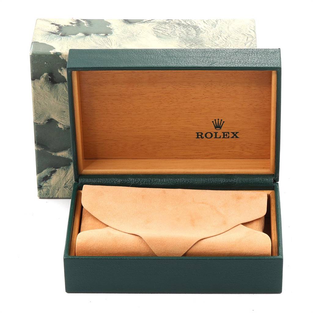 An open case and pouch for a Rolex Date 15053 Men's Steel and Gold (two tone) Champagne Dial 15053 Men's Steel and Gold (two tone) Champagne Dial model watch are shown, highlighting the packaging.