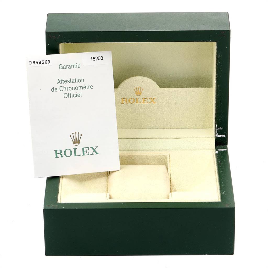 The image shows an open Rolex Date 15203 Men's Steel and Gold (two tone) Silver Dial 15203 Men's Steel and Gold (two tone) Silver Dial model watch box with a "Garantie" card inside.