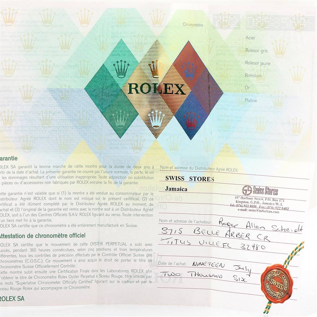 This image shows the warranty card for the Rolex Date 15203 Men's Steel and Gold (two tone) Silver Dial 15203 Men's Steel and Gold (two tone) Silver Dial model watch.