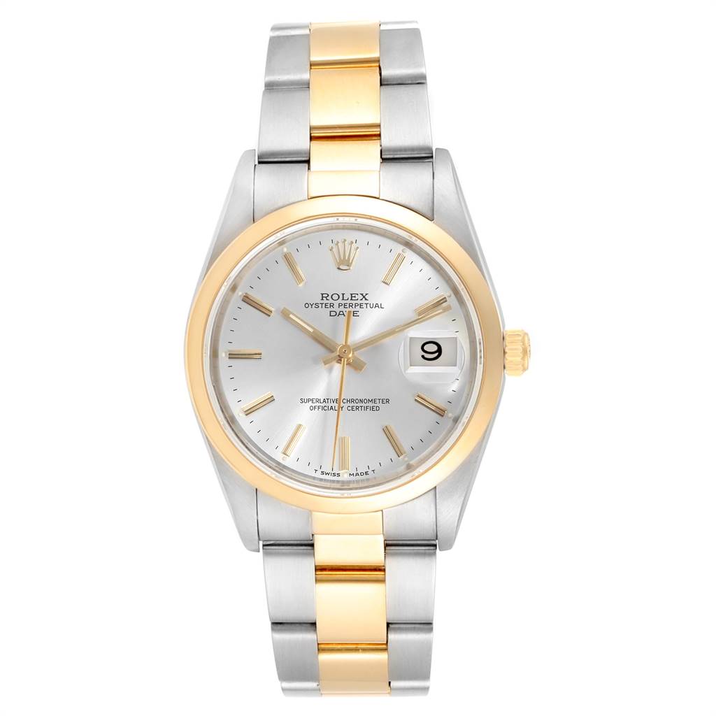 The image shows a front view of a Rolex Date 15203 Men's Steel and Gold (two tone) Silver Dial 15203 Men's Steel and Gold (two tone) Silver Dial model watch, featuring a two-tone metal bracelet and a silver dial with a date window.