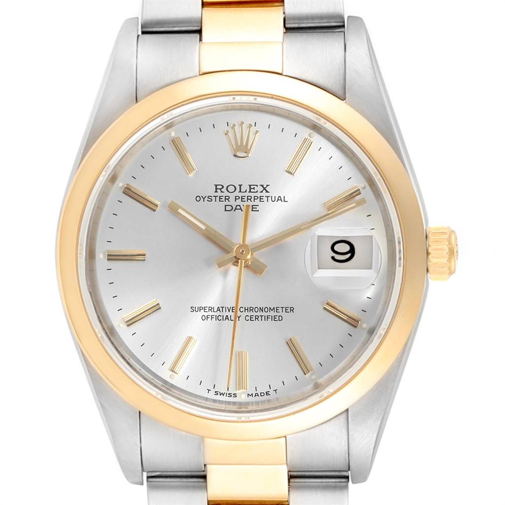 The image shows a full frontal view of the Rolex Date 15203 Men's Steel and Gold (two tone) Silver Dial 15203 Men's Steel and Gold (two tone) Silver Dial model watch, highlighting its dial, date window, and two-tone bracelet.