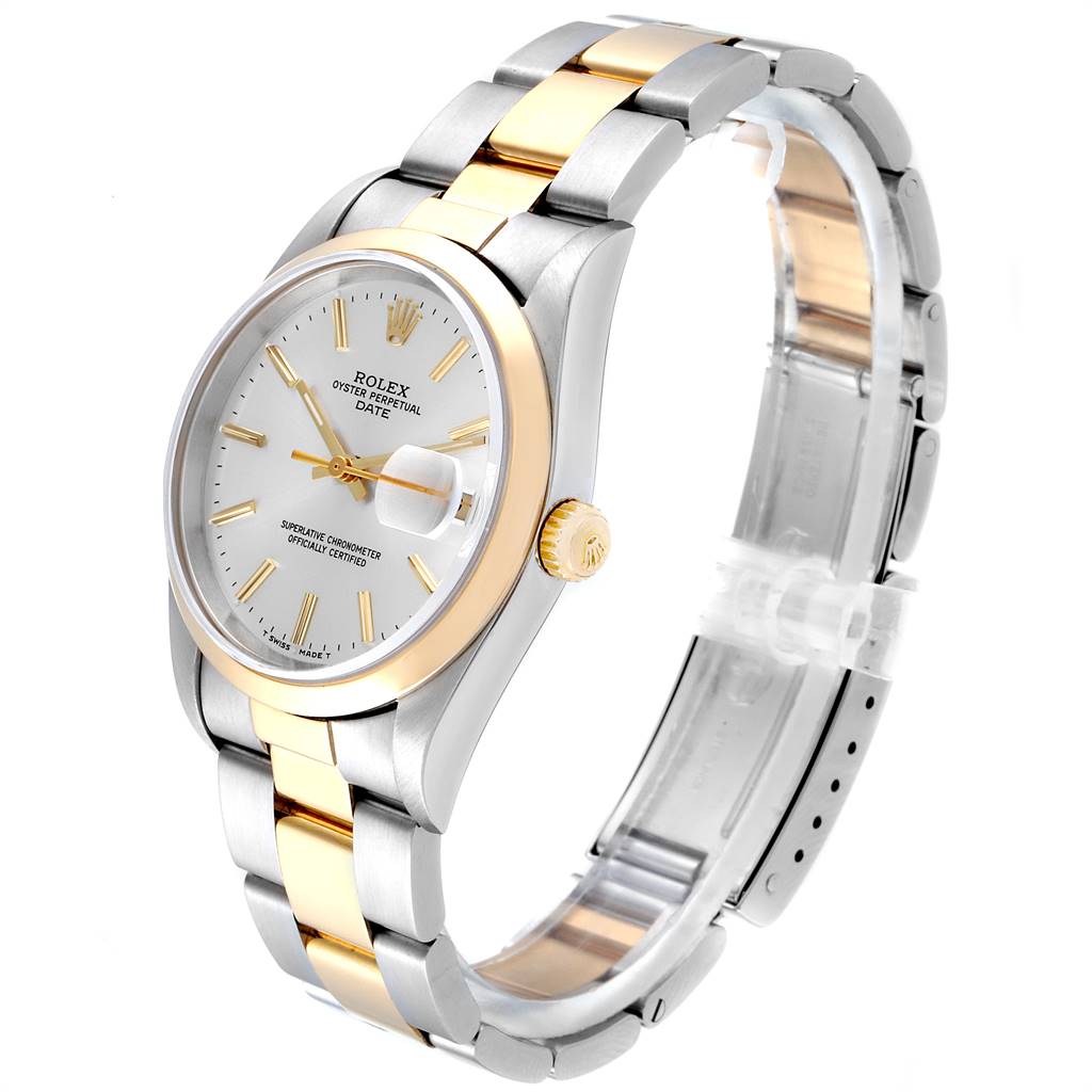 The image shows a side and partial top view of a Rolex Date 15203 Men's Steel and Gold (two tone) Silver Dial 15203 Men's Steel and Gold (two tone) Silver Dial model, highlighting the face, bezel, crown, and two-tone bracelet.