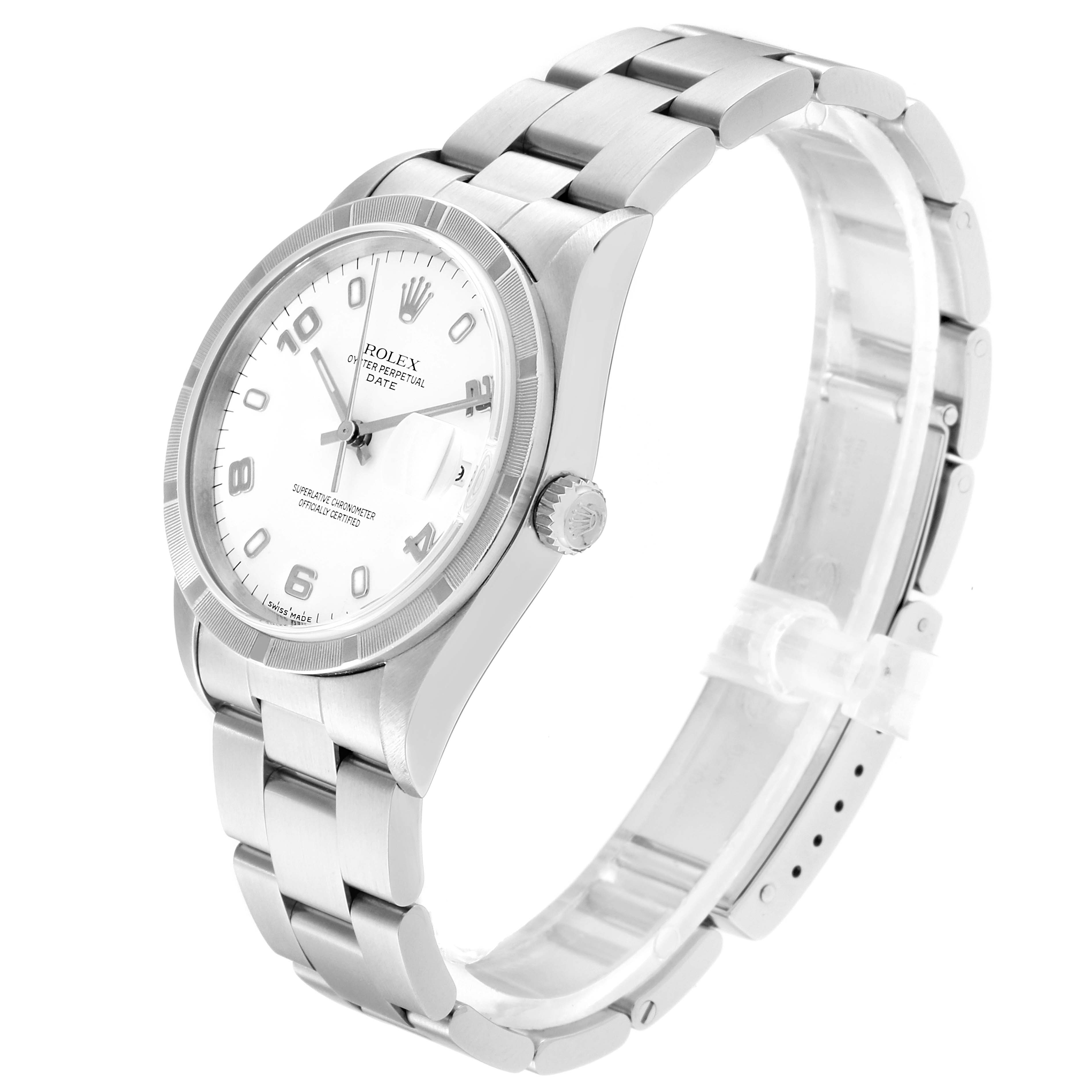 The Rolex Date 15210 Men's Stainless Steel White Dial 15210 Men's Stainless Steel White Dial model watch is shown from an angled perspective, highlighting the face, bezel, crown, and bracelet.