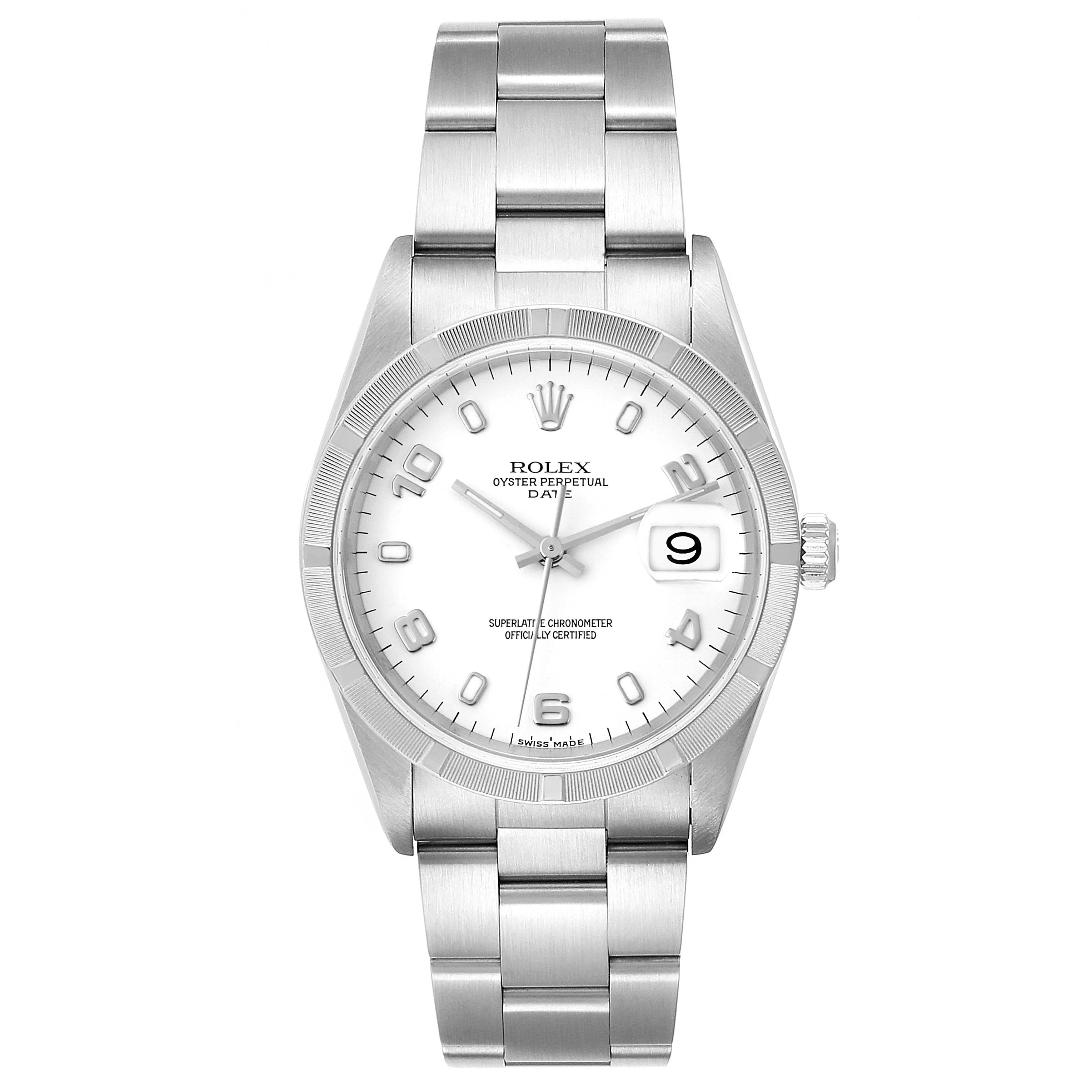 The image shows the front view of a Rolex Date 15210 Men's Stainless Steel White Dial 15210 Men's Stainless Steel White Dial model watch, showcasing its dial, hands, date window, and bracelet.