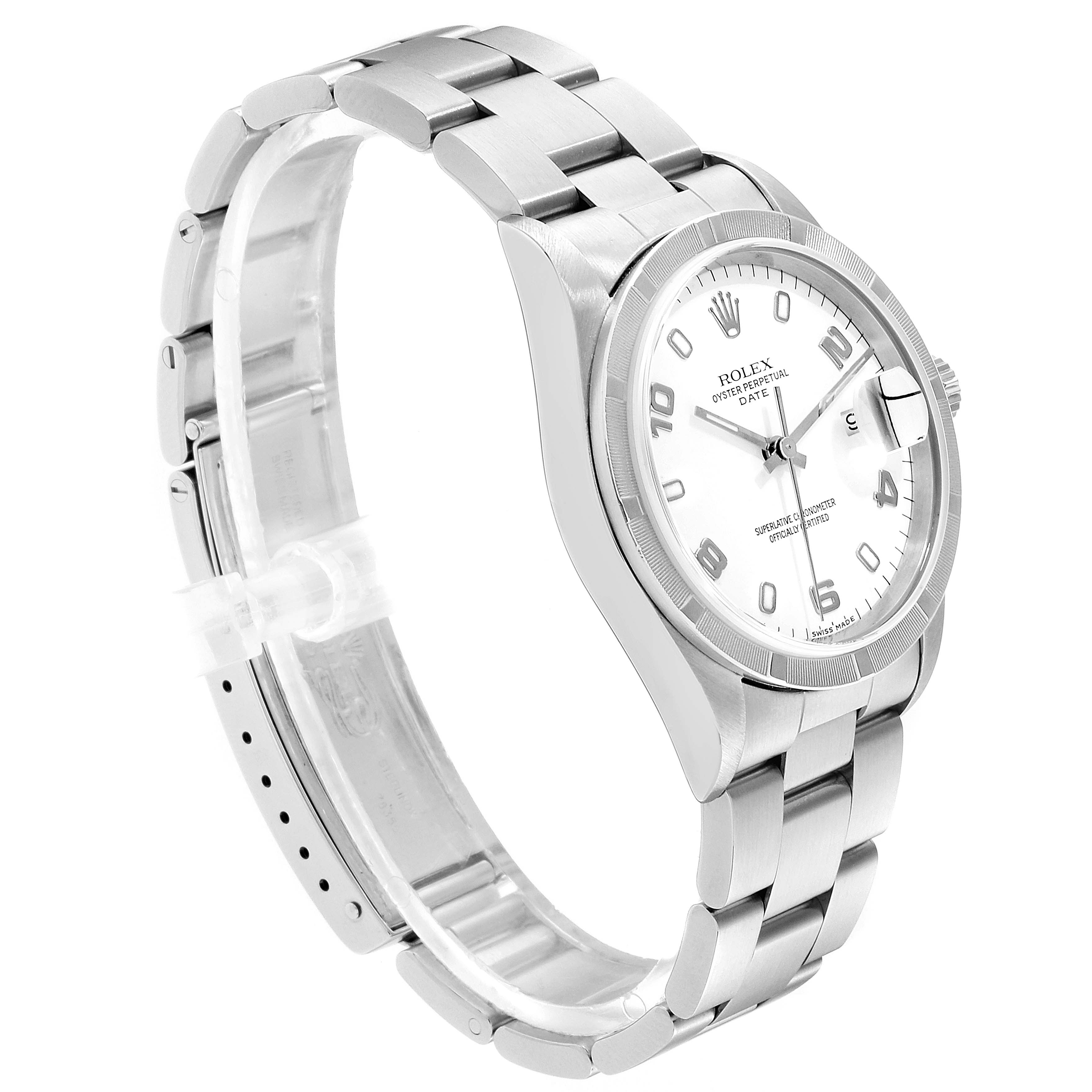 A Rolex Date 15210 Men's Stainless Steel White Dial 15210 Men's Stainless Steel White Dial model watch is shown at an angled side view highlighting the bracelet, case, and dial with a white face.