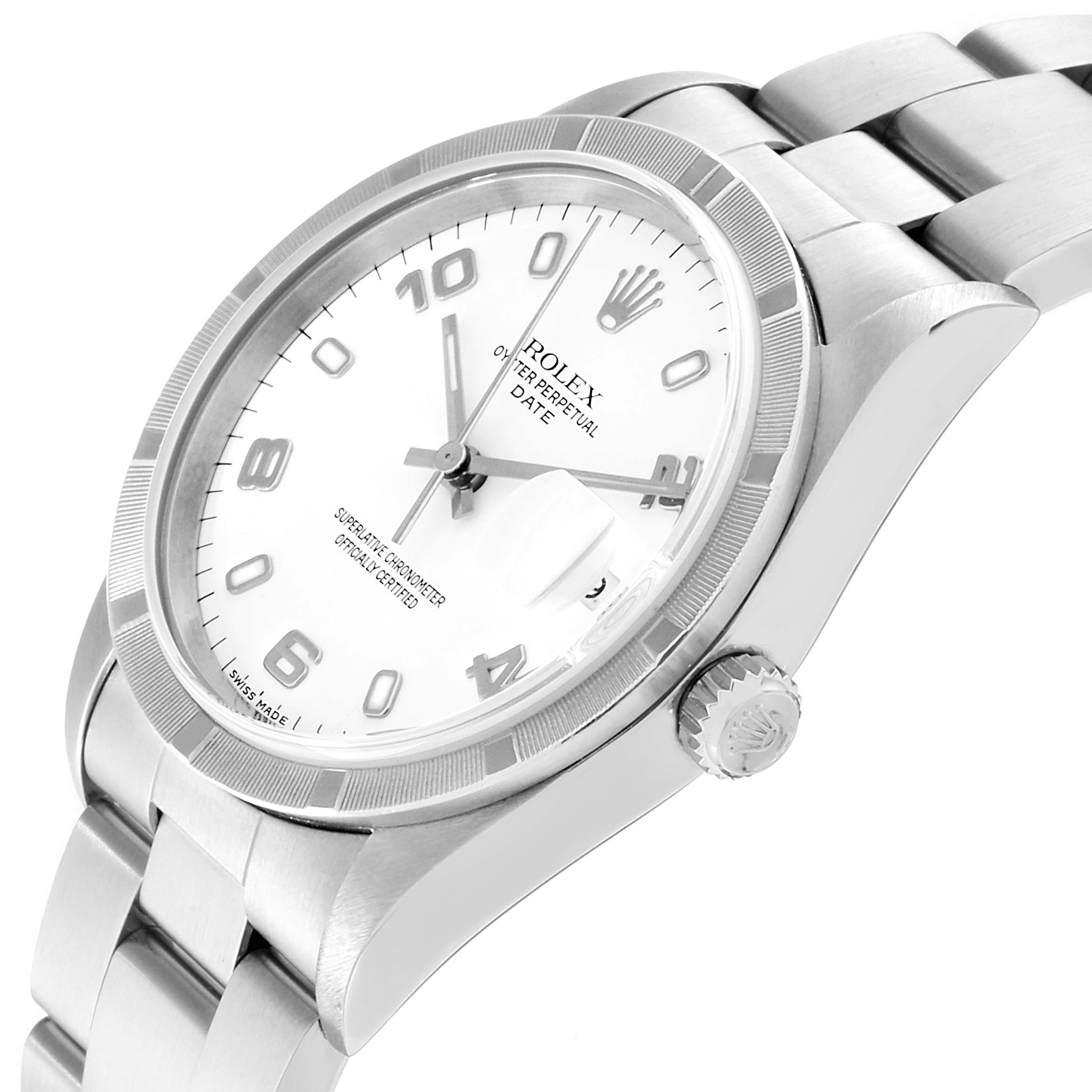 The image shows a diagonal close-up of the Rolex Date 15210 Men's Stainless Steel White Dial 15210 Men's Stainless Steel White Dial model watch, showcasing its white dial, bezel, crown, and metal bracelet.
