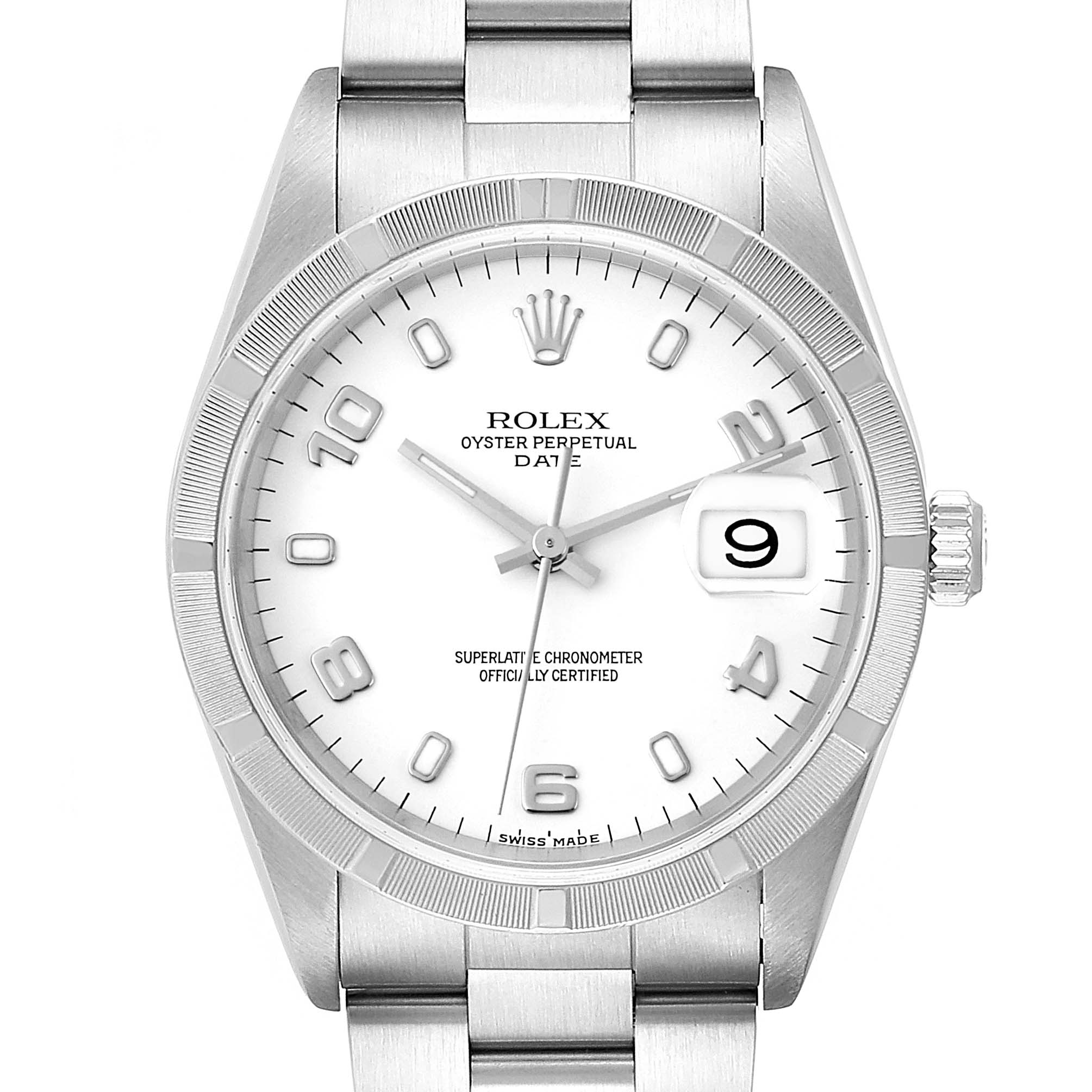 This image shows a front view of a Rolex Date 15210 Men's Stainless Steel White Dial 15210 Men's Stainless Steel White Dial model watch, displaying the dial, bezel, crown, and bracelet.