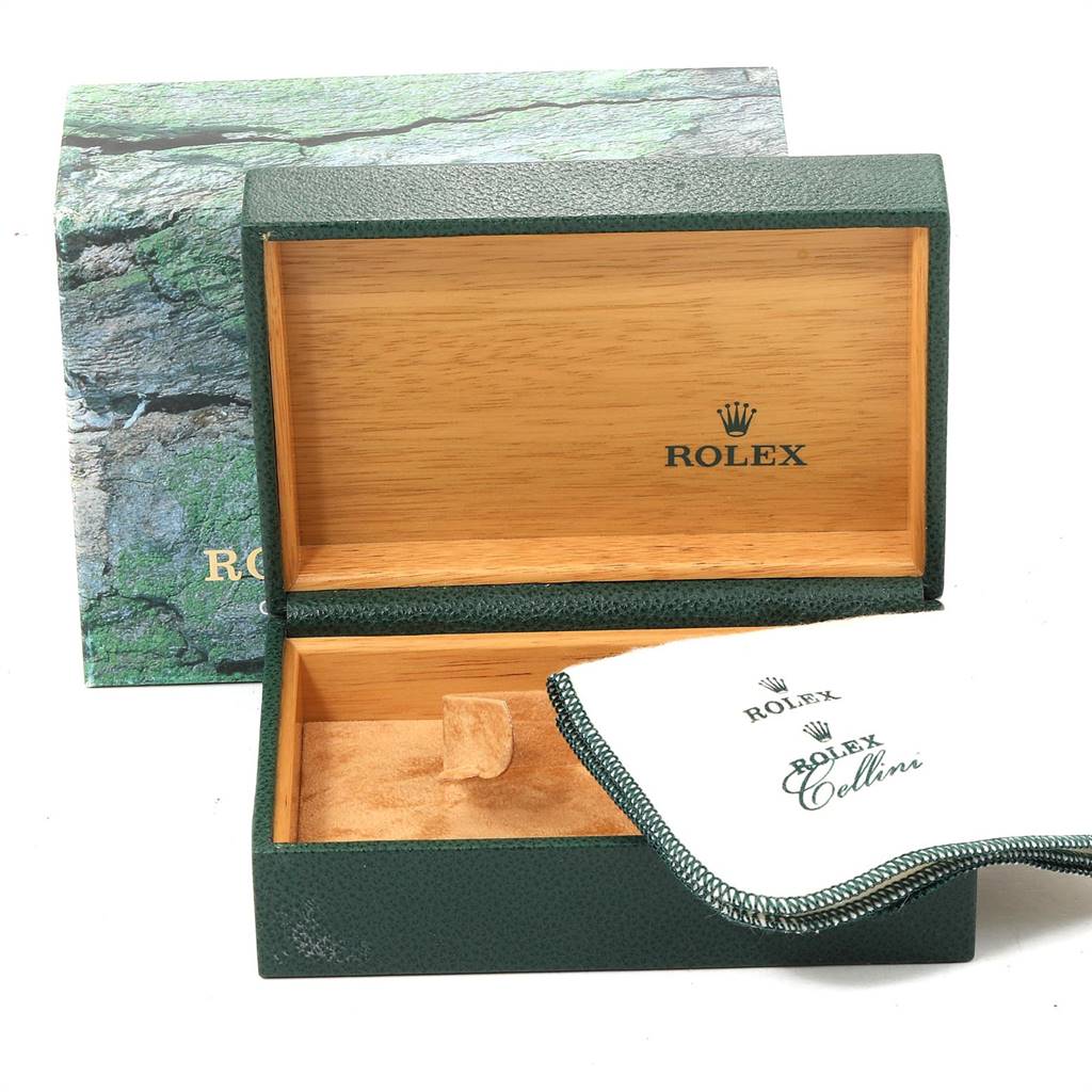 The image shows an open Rolex Date 15210 Men's Stainless Steel White Dial 15210 Men's Stainless Steel White Dial watch box with an outer box and a Rolex cleaning cloth.