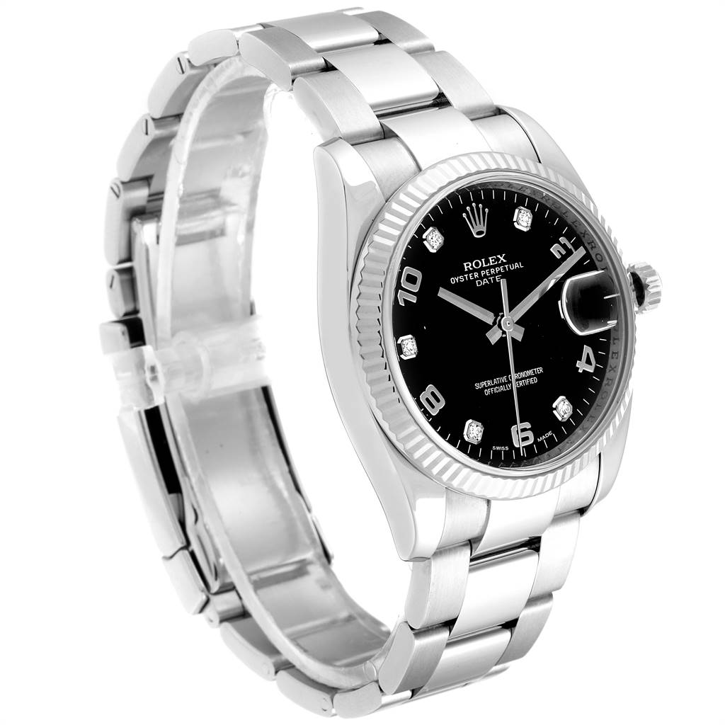 The image shows a side and front angle of a Rolex Date 115234 Men's Stainless Steel Black Dial 115234 Men's Stainless Steel Black Dial model watch, highlighting the bracelet, dial, and bezel.