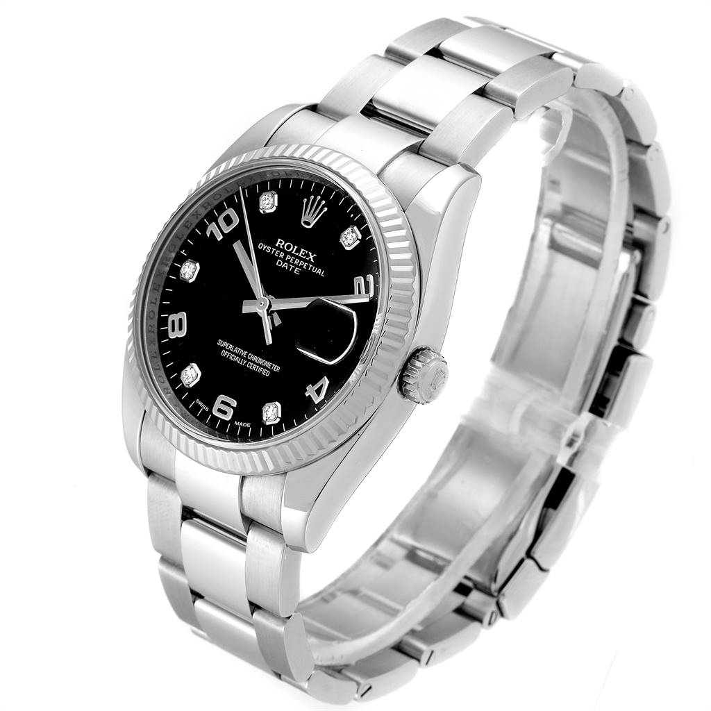 The image shows a Rolex Date 115234 Men's Stainless Steel Black Dial 115234 Men's Stainless Steel Black Dial watch at a slight angle, featuring the dial, bezel, crown, and the stainless steel bracelet.