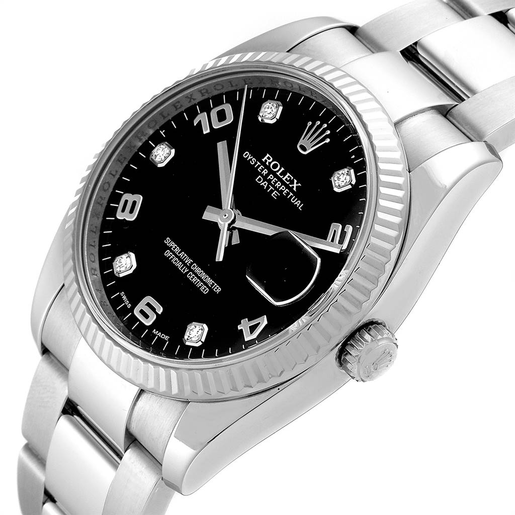 This image shows a Rolex Date 115234 Men's Stainless Steel Black Dial 115234 Men's Stainless Steel Black Dial model watch at a slightly oblique angle, highlighting the dial, bezel, crown, and part of the bracelet.