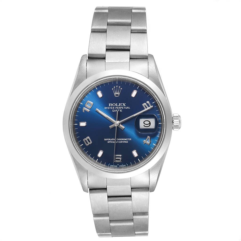 This image shows a Rolex Date 15200 Men's Stainless Steel Blue Dial 15200 Men's Stainless Steel Blue Dial model watch from a top-down angle, highlighting its blue dial, stainless steel case, and bracelet.