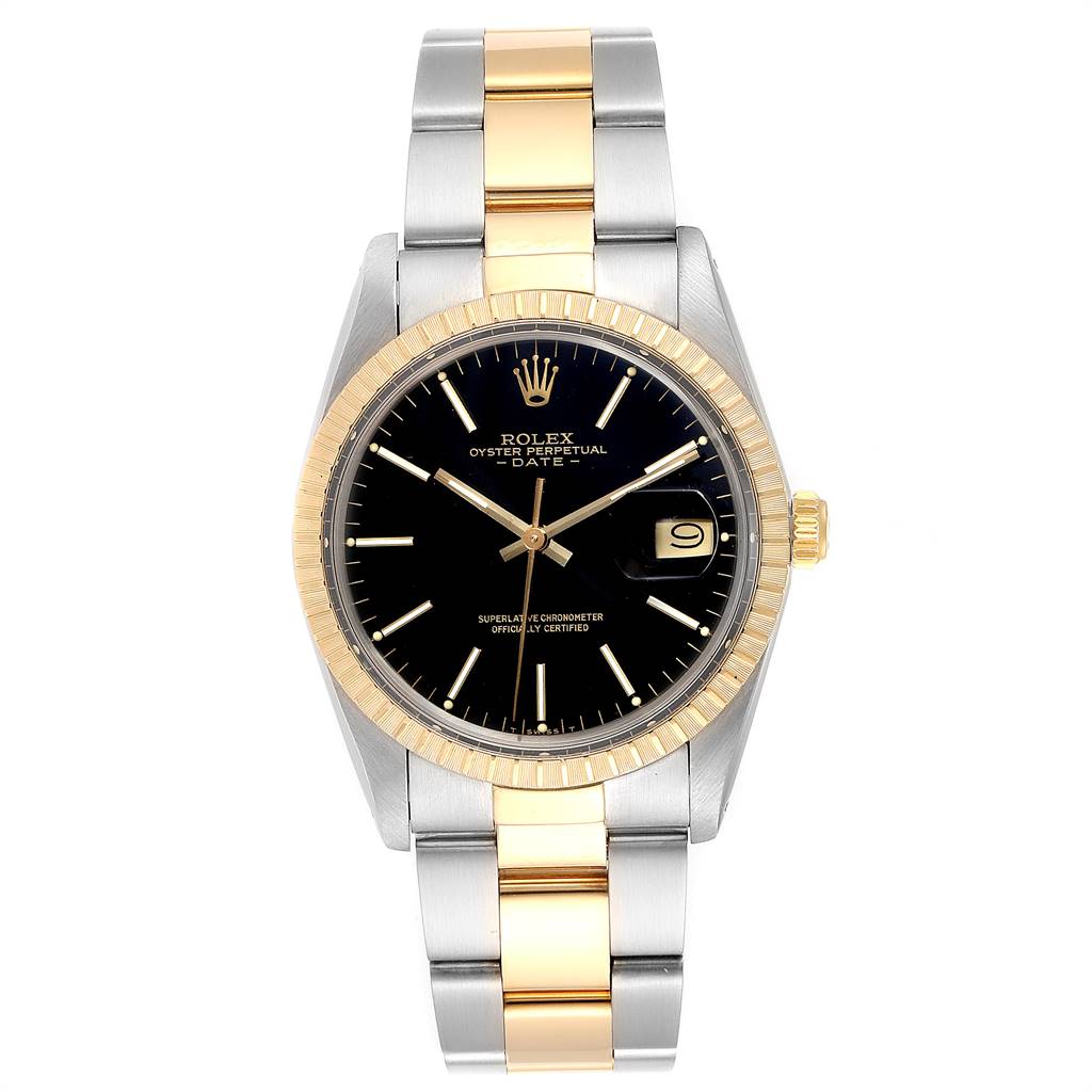 This image shows a full front view of the Rolex Date 15053 Men's Steel and Gold (two tone) Black Dial 15053 Men's Steel and Gold (two tone) Black Dial model watch, highlighting the watch face, bezel, and bracelet.