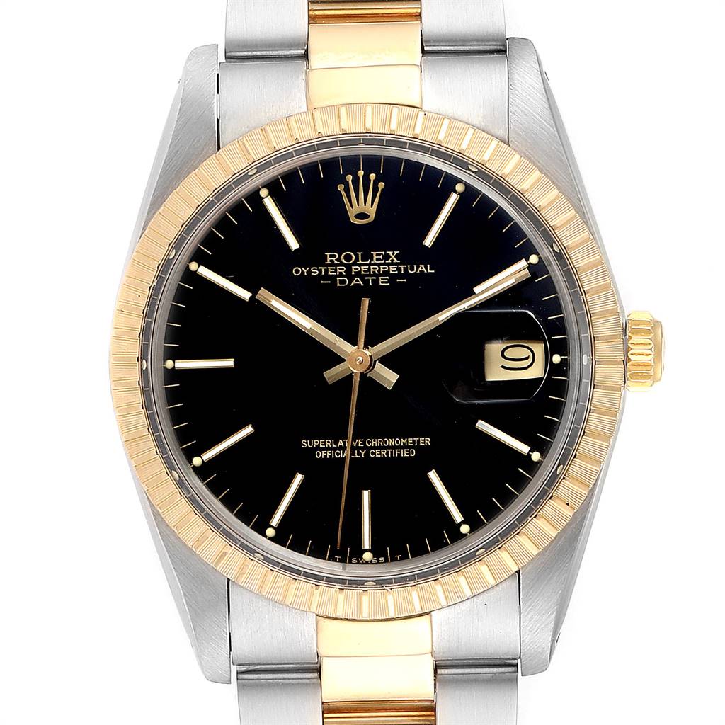 The image shows a Rolex Date 15053 Men's Steel and Gold (two tone) Black Dial 15053 Men's Steel and Gold (two tone) Black Dial watch from the front angle, displaying the dial, hands, and dual-tone bracelet.