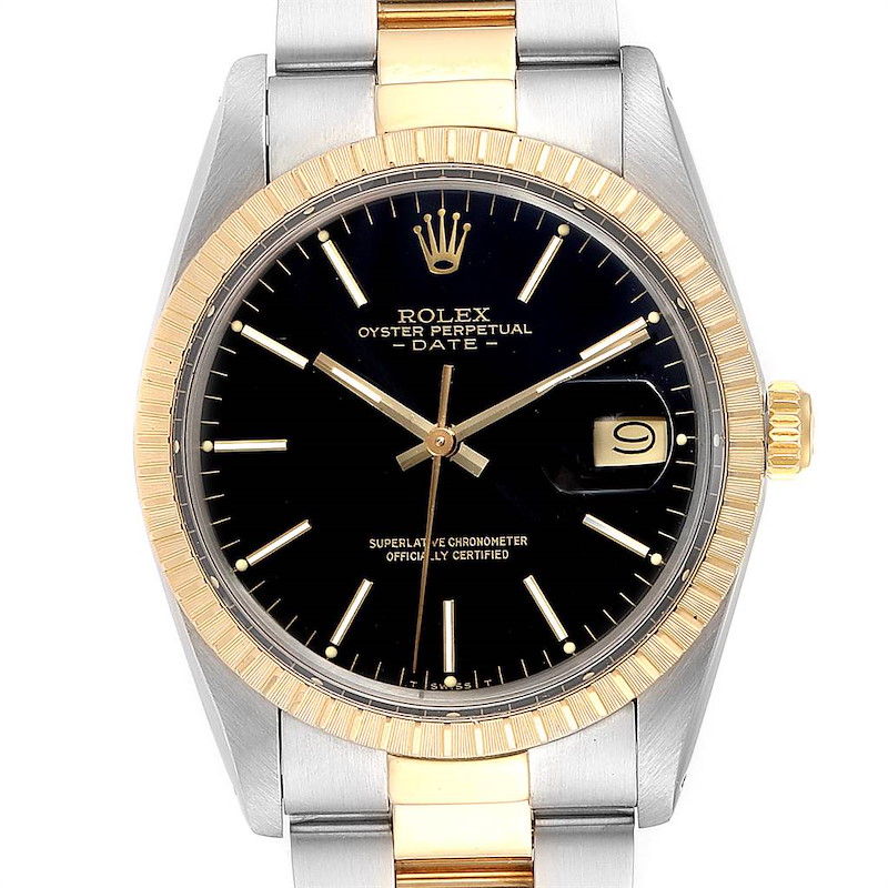 Rolex Date Mens Steel 18k Yellow Gold Black Dial Mens Watch 15053 SwissWatchExpo