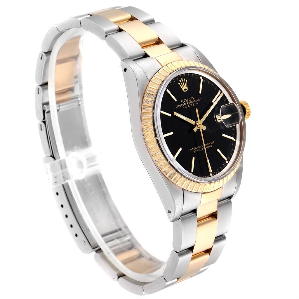 The image shows a Rolex Date 15053 Men's Steel and Gold (two tone) Black Dial 15053 Men's Steel and Gold (two tone) Black Dial model watch at a three-quarter angle, highlighting the black dial, fluted bezel, and two-tone bracelet.