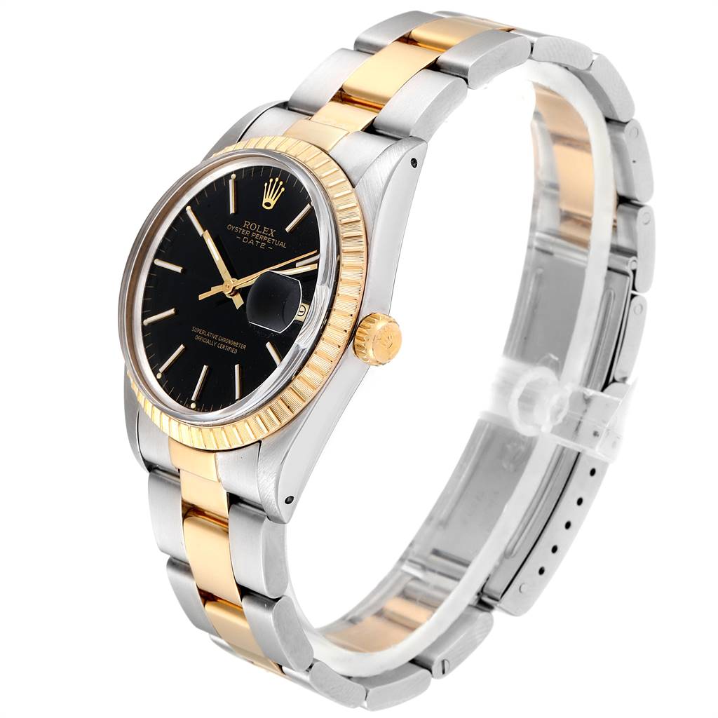 The Rolex Date 15053 Men's Steel and Gold (two tone) Black Dial 15053 Men's Steel and Gold (two tone) Black Dial watch is shown at a three-quarter angle highlighting the black dial, fluted bezel, crown, and two-tone bracelet.