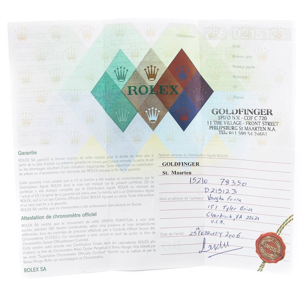 This image shows the authenticity certificate and warranty card for a Rolex Date 15210 Men's Stainless Steel Silver Dial 15210 Men's Stainless Steel Silver Dial model watch.