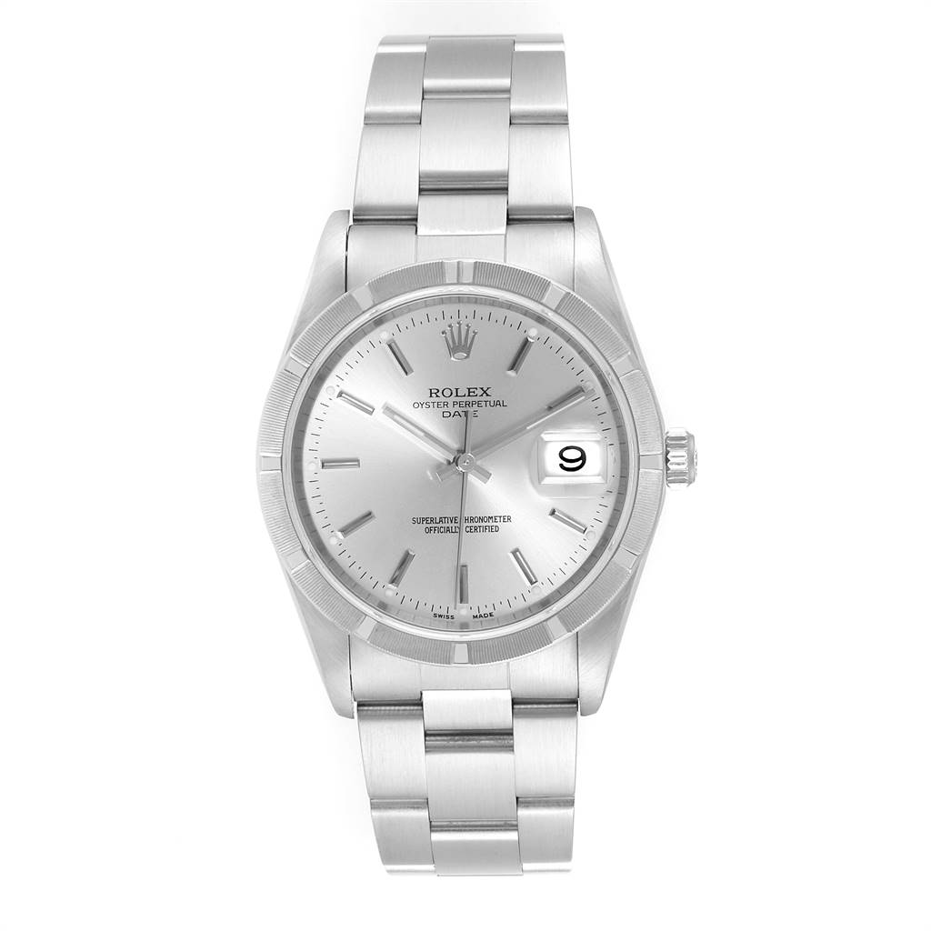 This is a frontal view of a Rolex Date 15210 Men's Stainless Steel Silver Dial 15210 Men's Stainless Steel Silver Dial model, showcasing the dial, hands, bracelet, and date window.