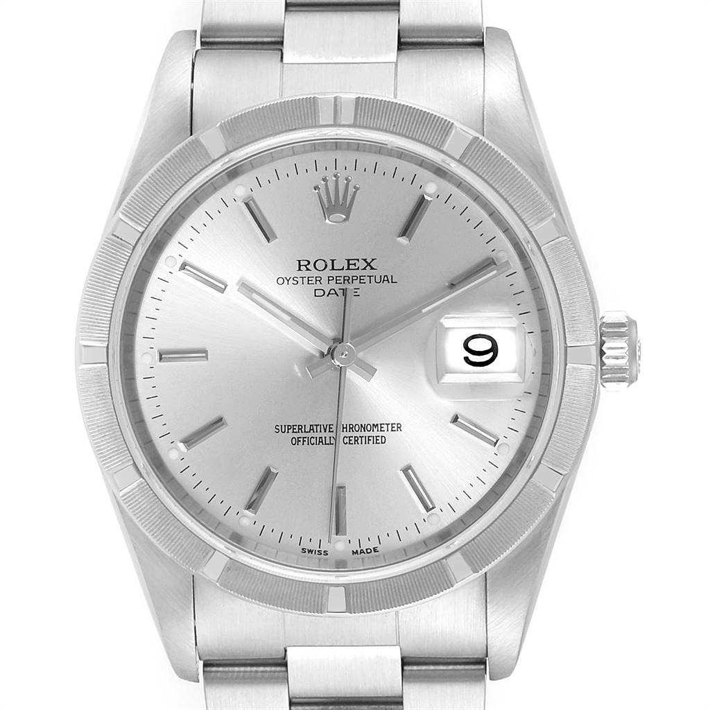 The image shows a front view of a Rolex Date 15210 Men's Stainless Steel Silver Dial 15210 Men's Stainless Steel Silver Dial model watch, highlighting its dial, hands, date window, and bracelet.