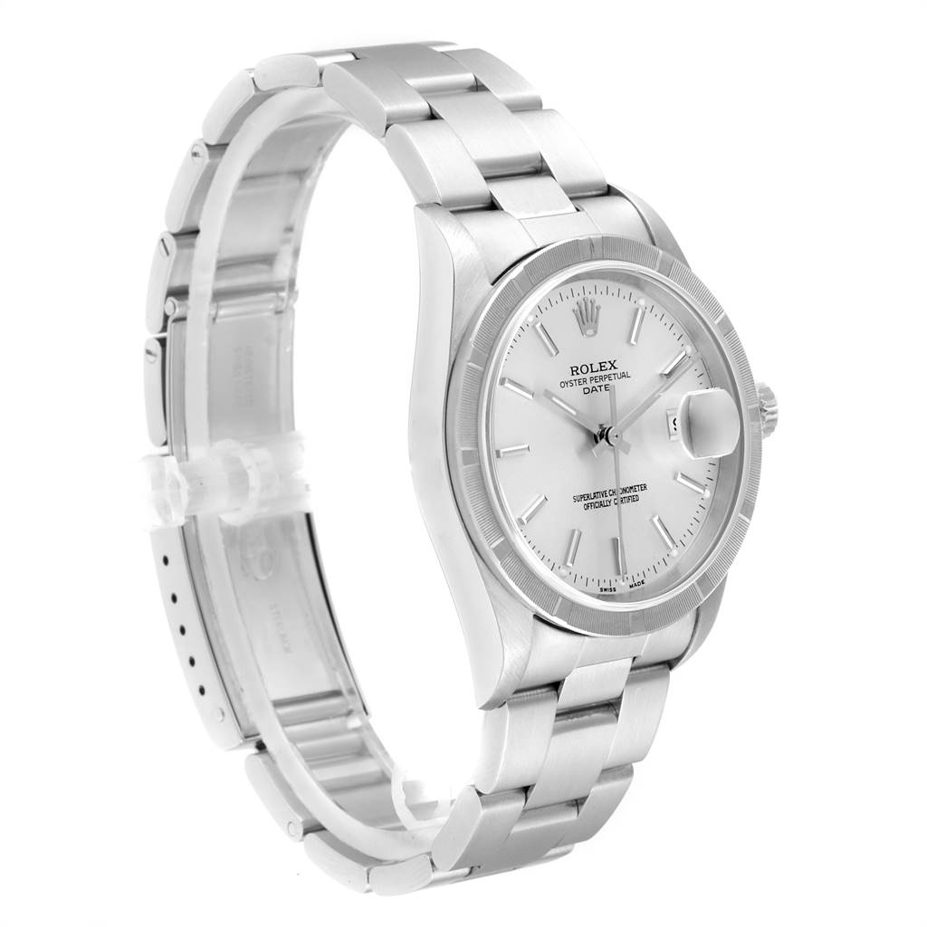 This image shows a side angle of the Rolex Date 15210 Men's Stainless Steel Silver Dial 15210 Men's Stainless Steel Silver Dial model watch, including the face, bezel, and bracelet.