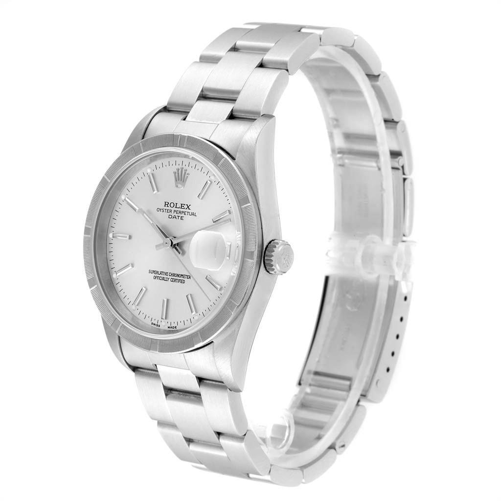 This image shows a Rolex Date 15210 Men's Stainless Steel Silver Dial 15210 Men's Stainless Steel Silver Dial model watch angled from the front-left, highlighting the dial, bezel, crown, and bracelet.