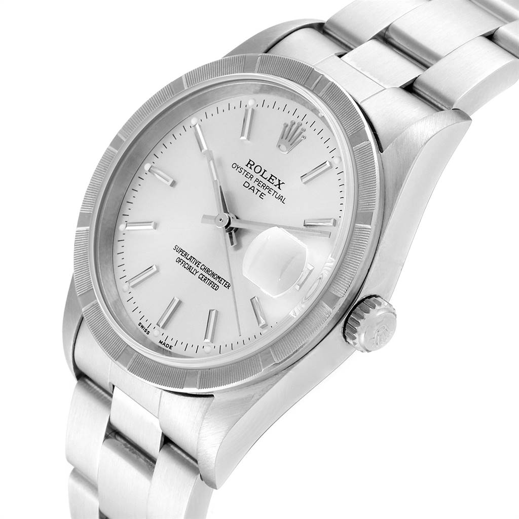 This image shows a Rolex Date 15210 Men's Stainless Steel Silver Dial 15210 Men's Stainless Steel Silver Dial model watch angled to display the face, bezel, crown, and part of the bracelet.