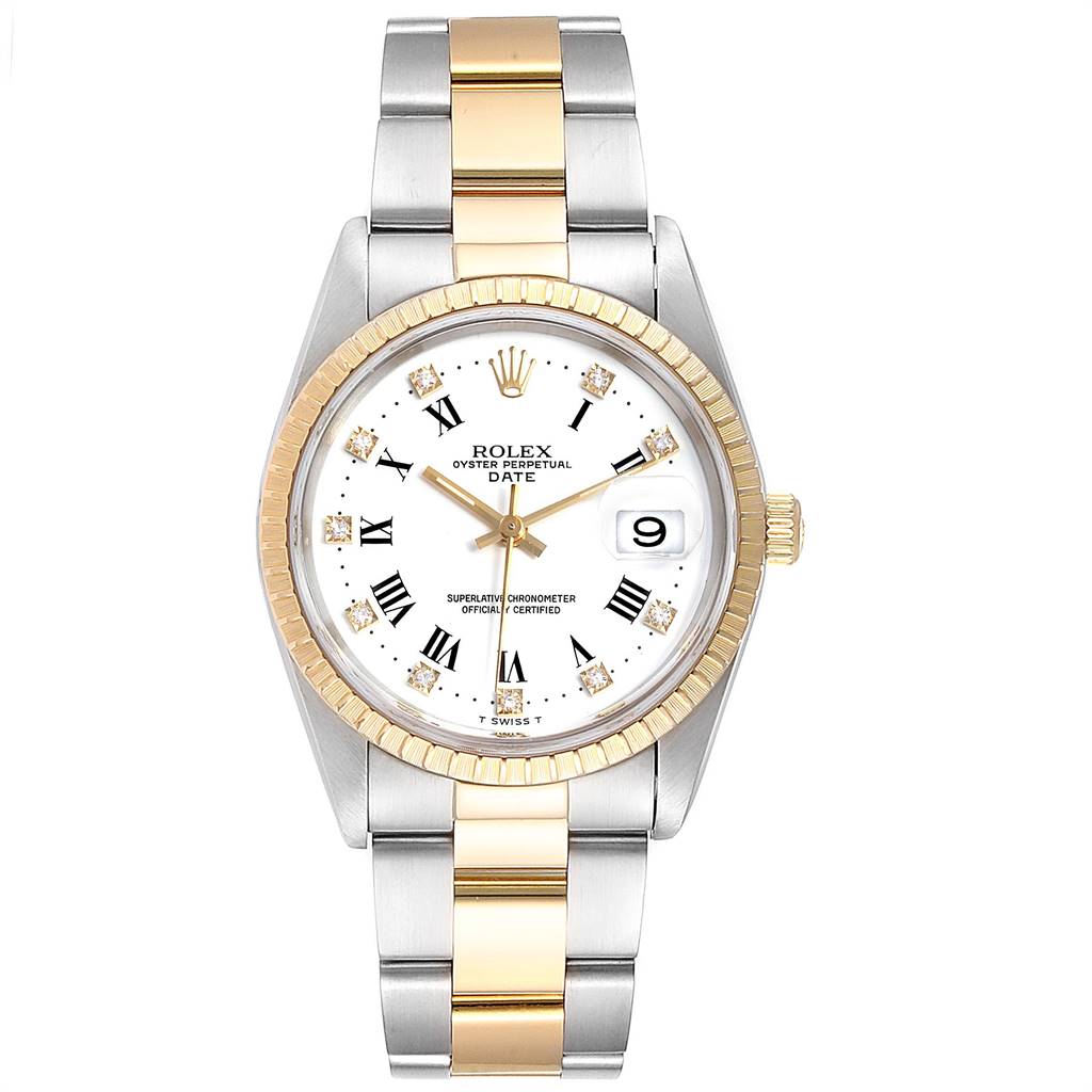 The image shows a front angle of a Rolex Date 15223 Men's Steel and Gold (two tone) White Dial 15223 Men's Steel and Gold (two tone) White Dial model watch, featuring a silver and gold-tone bracelet and a white dial with Roman numerals and date display.