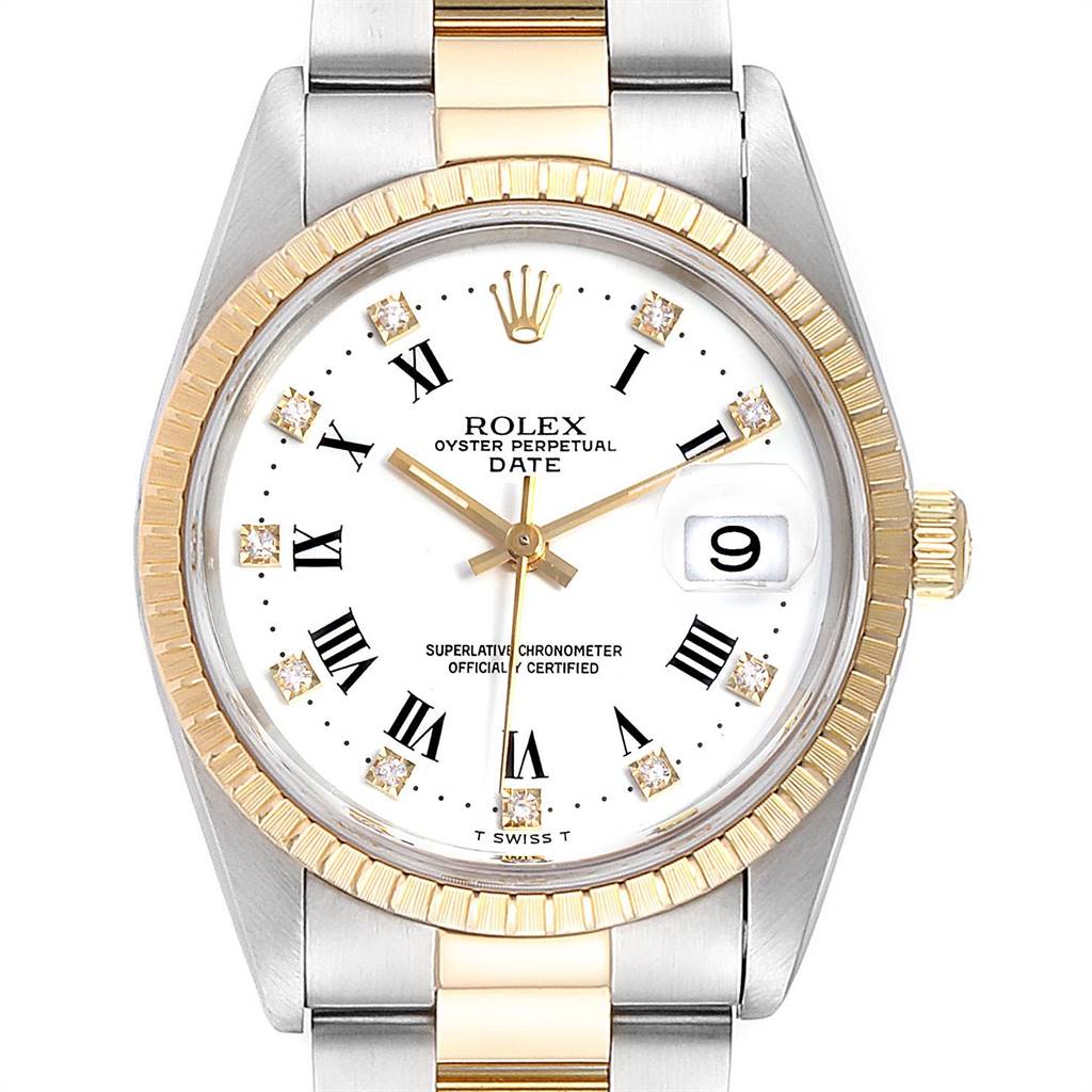 The image shows a head-on view of a Rolex Date 15223 Men's Steel and Gold (two tone) White Dial 15223 Men's Steel and Gold (two tone) White Dial model watch, displaying its gold bezel, white dial, and metal bracelet.