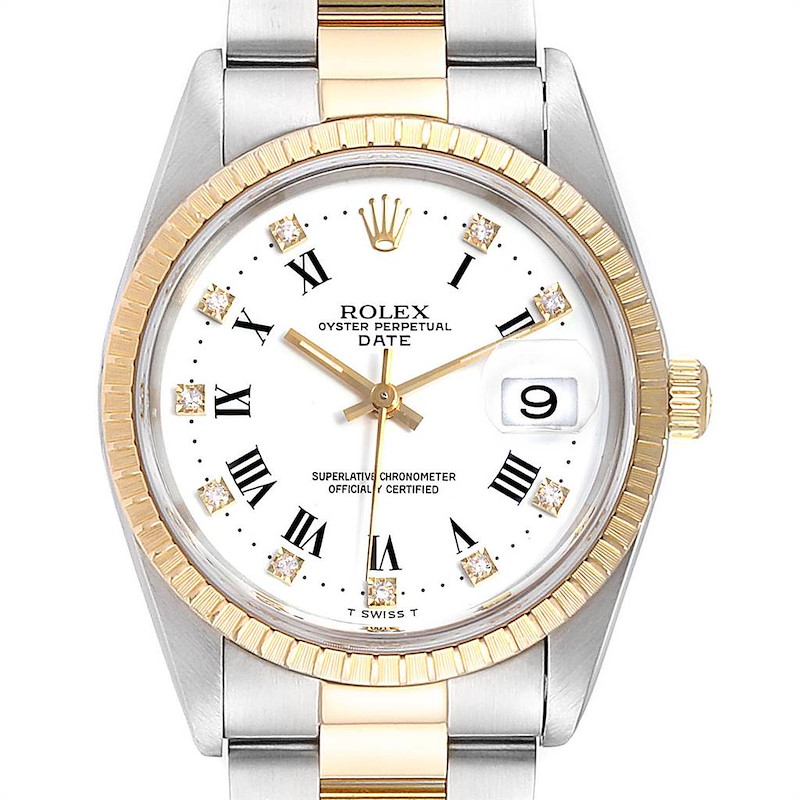 Rolex Date Mens Steel Yellow Gold White Diamond Dial Mens Watch 15223 SwissWatchExpo