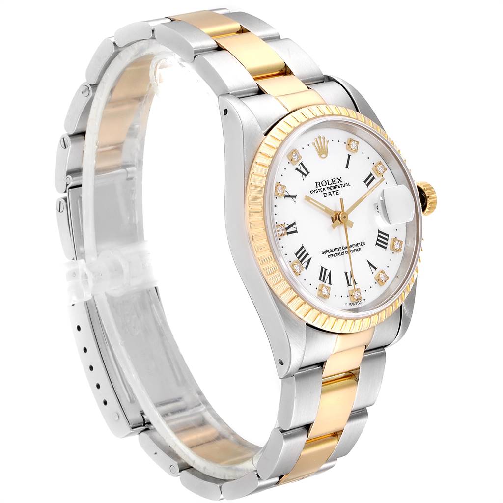 The image shows a Rolex Date 15223 Men's Steel and Gold (two tone) White Dial 15223 Men's Steel and Gold (two tone) White Dial model watch at a slightly angled side view, highlighting the face, bezel, crown, and band.